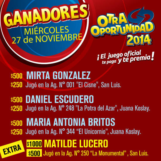 »»» Sorteo Otra Oportunidad 26-11-2014 «««